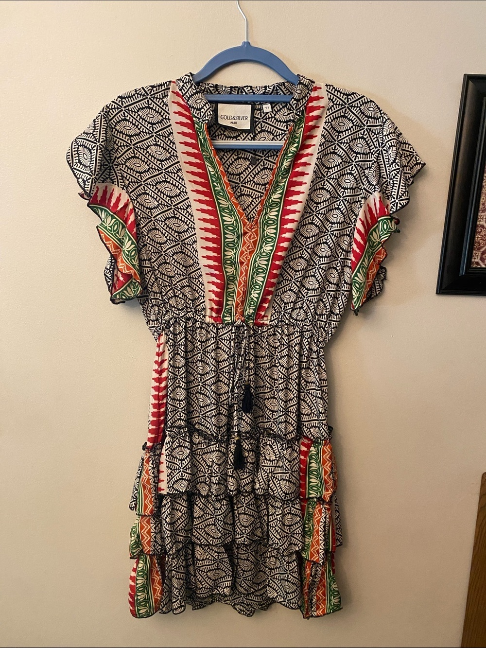 Gold&Silver Paris Black & White Printed Dress with Red and Green Trim